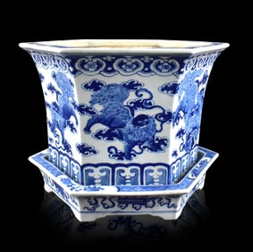 Large Chinese Blue &White Hexagonal Planter,19th C
