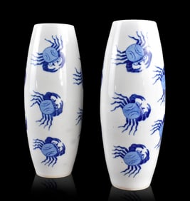 Pair Chinese Blue & White "Crab" Olive Vase,19th C