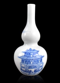 Chinese Blue & White Gourd Vase w/ Poem,19h C.