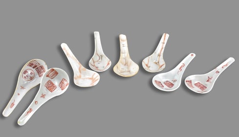 Group 8 Iron Red & Famille Rose Spoons, 18/19th C.