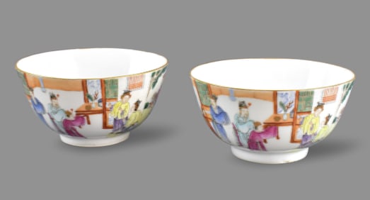 Pair Chinese Famille Rose Figure Bowls, 19th C.