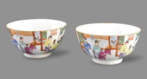 Pair Chinese Famille Rose Figure Bowls, 19th C.: A pair of Chinese famille rose figure bowls, dating from the 19th century. Bowls with rounded sides and white glaze interiors. exterior decorated with lengthy Chinese poems on one side and multiple of