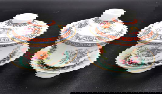 2 Set Chinese Famille Rose Covered Bowl,Guangxu P.: A set of 2 Chinese famille rose covered bowls, dating from the Guangxu period (1875-1908). Each set contains a cover, a bowl and a tray, famille rose 8 Buddhist treasures decorated around the body and
