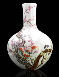 Large Chinese Famille Rose "Magpie" Vase, 19th C.: A large Chinese famille rose globular vase, dating from the 19th century. A heavily potted and massive vase of globular form rising to a cylindrical neck, painted with three magpies perched on a gnarl