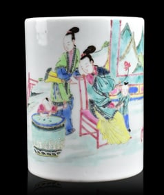 Chinese Famille Rose Figural Brushpot, 19th C.