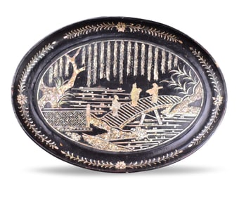 Chinese Lacquered Oval Tray w/ MOP Inlaid, 17th C.