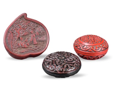 3 Chinese Cinnabar Carved Covered Box, 19th C.