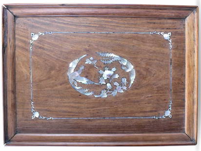 Chinese Huali Wood Tray w/ MOP Inlaid, 19th C.: Chinese Huali wood tray with inlaid mother of pearl design, dating from the 19th century. A central design with mother of pearl inlay of two phoenix birds swirling with peony flowers. Within a linear