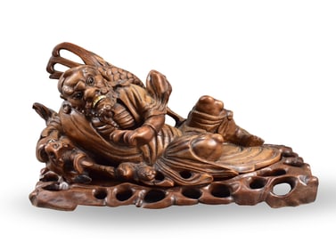 Chinese Burl Wood Carved Luohan on Stand ,ROC Pe.
