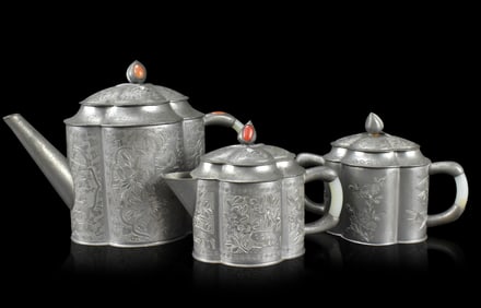 Set 3 Chinese Pewter Tapot w/ Jade Handle, ROC Pe