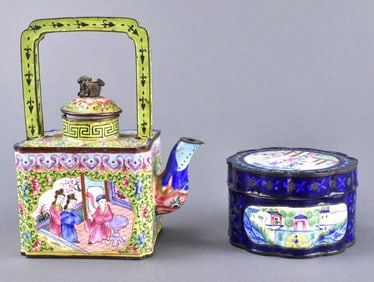 2 Chinese Canton Enameled Teapot & Box, 19th C.