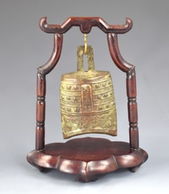 Chinese Archaic Bronze Bell on Wood Stand
