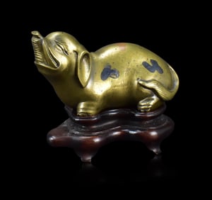 Chinese Gilt Bronze Hog Figure on Stand, Qing D.