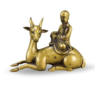 Chinese Gilt Bronze Shou on Deer, Qing Dynasty