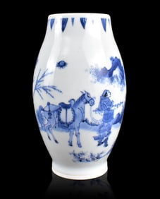 Chinese Blue & White Vase w Figures & Horse