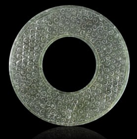 Large Chinese Han Style Spinach Jade Carve Bi Disc