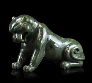 Large Chinese Spinach Jade Carved Tiger Figure
