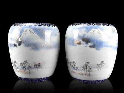 Pair of Large Japanese Fukagawa Seiji Jar,Meiji Pe: A pair of large Japanese Fukagawa Seiji Jars, dating from the Meiji period (1868-1912). The wide jars curve inwards a the top to a wide mouth. Bodies adorned with sparse wintry scene of geese flying b