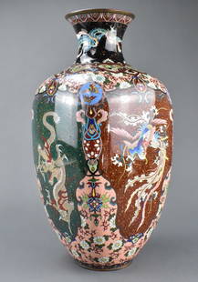 Large Japanese Cloisonne Gold Stone Vase, Meiji Pe: A large Japanese cloisonne gold stone vase, dating from the Meiji period (1868-1912). A circular base below a squared wide body which expands to a high angular shoulder, to a curved neck and slightly