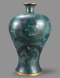 Japanese Cloisonne Dragon Mei Vase, Meiji Period: A Japanese cloisonne dragon Mei vase, dating from the Meiji period (1868-1912). 2 dark green dragons coil around the meiping shape vase over a lighter green ground. Dramatic highlights of white applie