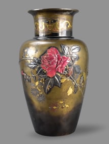 Japanese Mixed Metal Peony Vase, Meiji Period