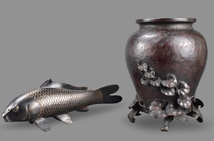 2 Japanese Bronze Vase & Fish, Meiji Period