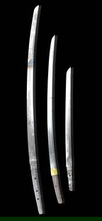 3 Japanese Samurai Sword Blades, 2 Signed: 3 Japanese Samaurai sword blades. Each blade is curved , the longest and the shortest ones incised with signatures Overall: Largest: L. 36 1/4" (92 cm), Middle size: L. 30" (76.2 cm), Smallest: L. 22