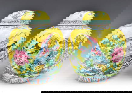Pair Chinese Yellow Ground Famille Rose Jar,19th C: A pair of Chinese yellow ground famille rose covered jars, dating from the 19th century. Two brightly colored famille rose jars with yellow ground and decorated with detailed pink peony flower theme,
