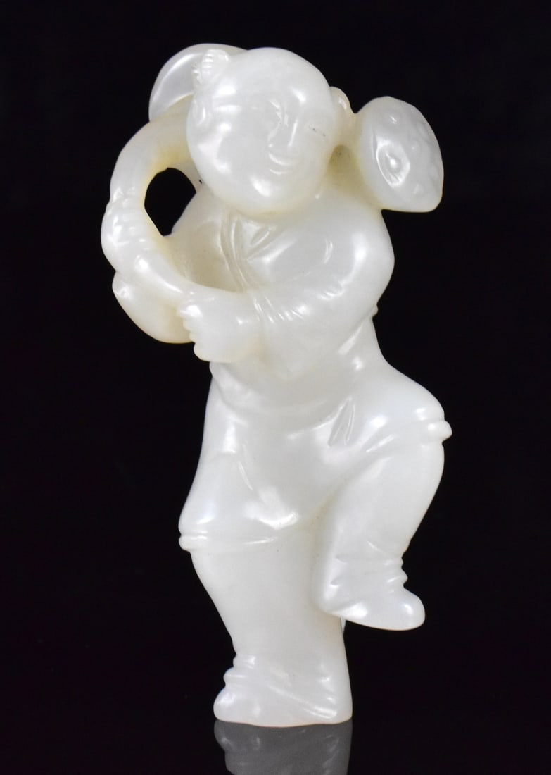 Chinese White Jade Carved Boy Holding Lotus,18th C (1 of 9)