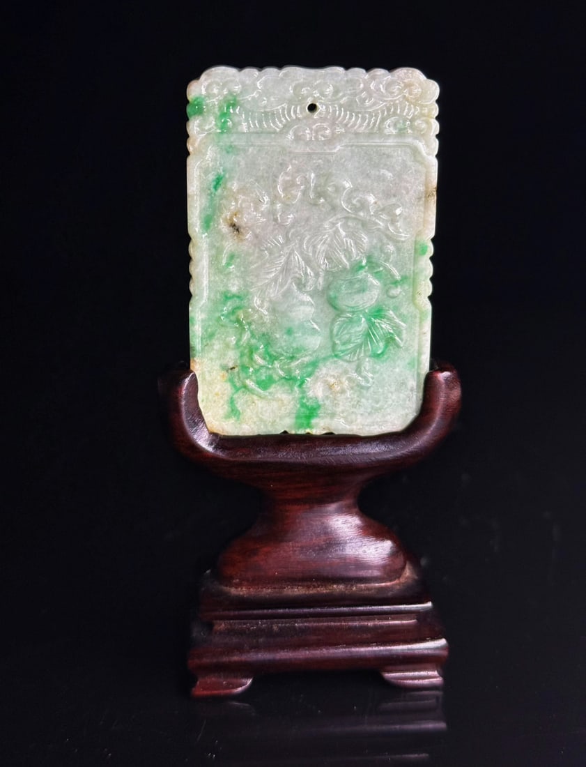 Chinese Jadeite Carved Plaque on Stand, 19th C. (1 of 9)