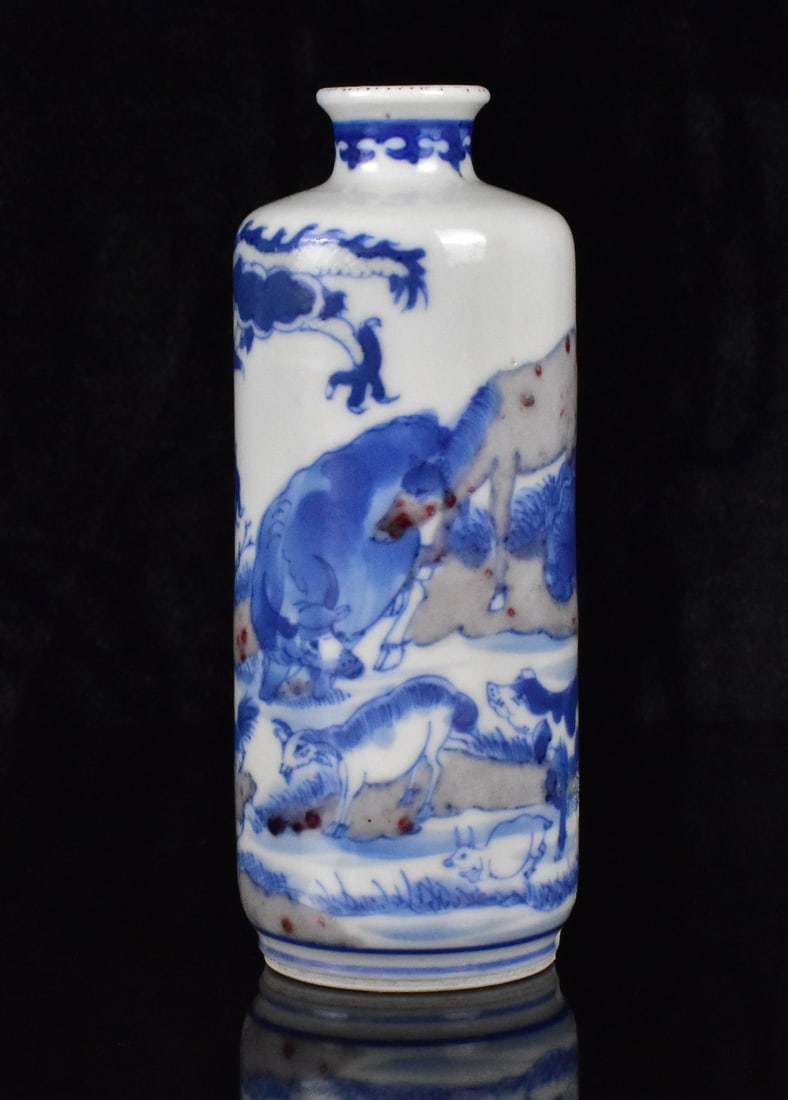 Chinese Blue & Copper Red 12 Zodiac Bottle,19th C.: 清晚 青花釉里红十二生肖纹母 A blue and copper red 12 Zodiac snuff bottle, dating from the 19th century. Bottle with cylind