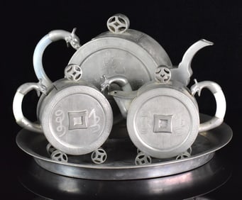 Set of 4 Chinese Pewter Teapot & Tray w/Jade,ROC P