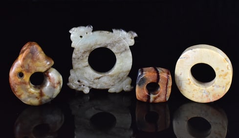 4 Chinese Archaic Carved Jade Rings & Toggles