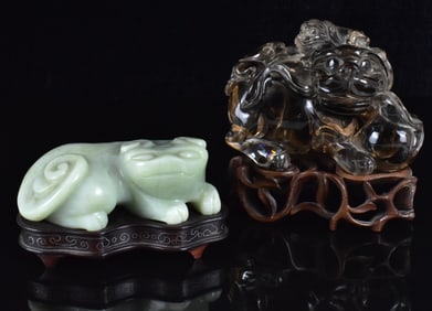 2 Chinese Jade & Crystal Carved Foo Lion ,ROC Pe.