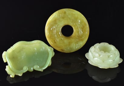 Group of 3 Chinese Jade Carved Waterpot & Disc