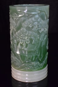Chinese Jade Carved Brushpot w/ Landscape, 20th C.