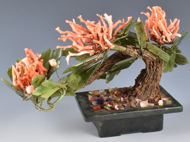Chinese Jade Carved Planter w/ Corals, 20th C.