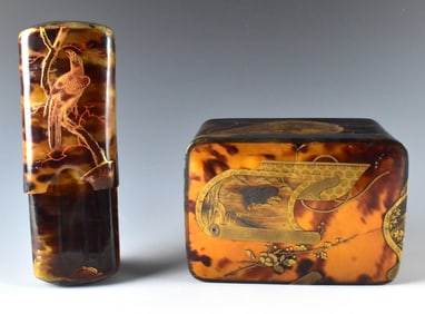 2 Japanese Tortoiseshell Box & Glasses Case, Meiji