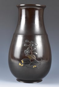 Japanese Bronze Mixed Metal Vase, Meiji Period