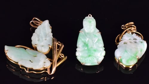 4 Pcs Chinese Jadeite Carved Plaque w 14k /Gold