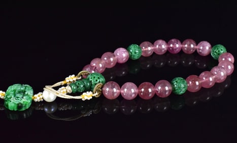 Chinese Tourmaline& Jadeite Carved Bracelet,Qing D
