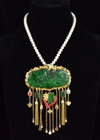 Chinese Emerald, Pearl & Coral Carved Necklace
