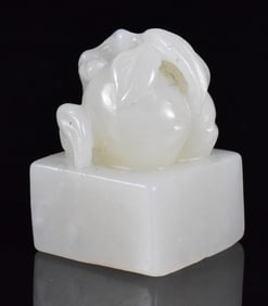 Chinese White Jade Carved Seal w/ Peach,19th C.