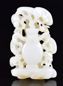 Chinese White Jade Carved Toggle of Flower Basket