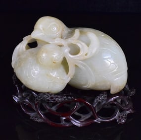 Chinese Jade Carved Quails on Stand, 19th C.