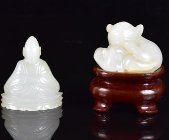2 Chinese White Jade Carved Beast & Buddha, 19th C