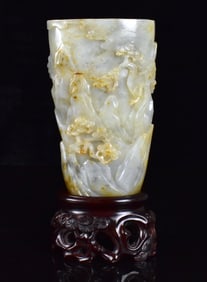 Chinese Jade Carved Libation Cup on Stand