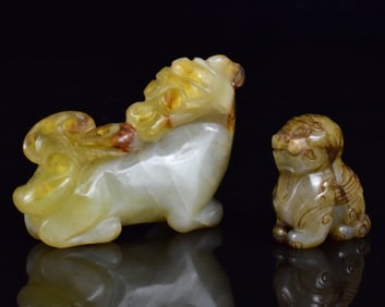 2 Chinese Archaic Jade Carved Beast, Qing Dynasty