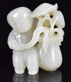 Chinese Jade Carved Boy w/ Lotus Basket, 19th C.