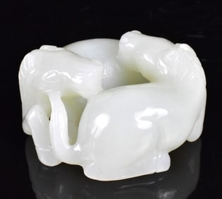 Chinese White Jade Carved Twin Horse Toggle
